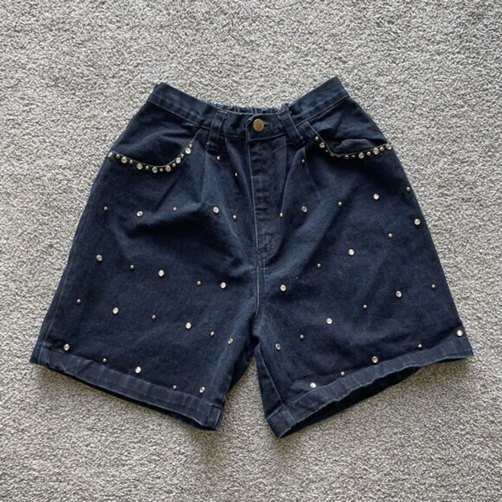 Vintage Jean Shorts Womens Size Large Dark Wash Blue Rhinestone Embellished